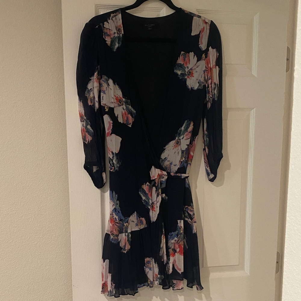 All Saints Floral Wrap Dress with 3/4 Sleeves